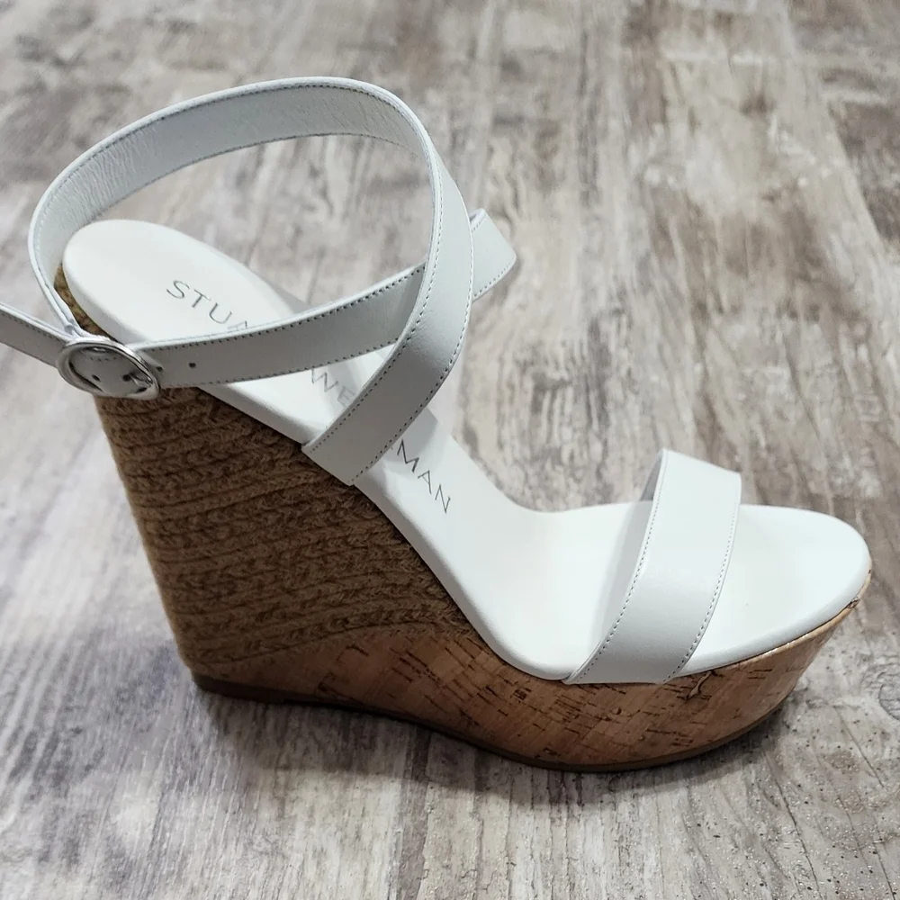 Stuart Weitzman 5050 Wedge Sandal Women's Size 10 White Natural Leather - Picture 11 of 14